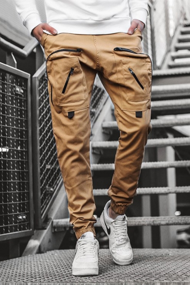 Hip Hop Solid Color Zipper Embellished Pockets Woven Trousers Cargo Pants