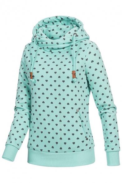 Ladies Classic Heart Pattern Long Sleeve Funnel Neck Fitted Thick Pullover Hoodie
