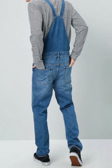 Men's Casual Plain Blue Adjustable Straps Multi Pockets Straight Fit Jeans Coveralls