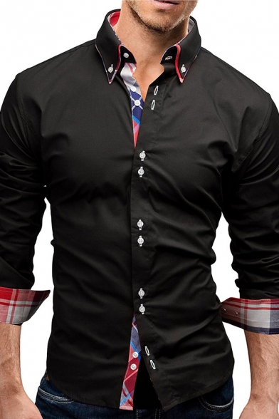 Mens Business Fashion Plaid Patched Cuffs Long Sleeve Button Down Slim Fit Cotton Shirt