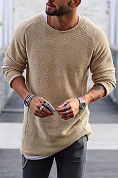 Mens Casual Fashion Plain Long Sleeve Crewneck Tunic Pullover Sweater Knitwear