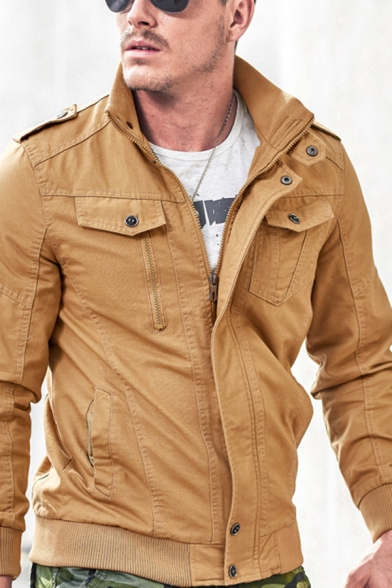 Mens Casual Solid Color Long Sleeves Zip Up Slim Fit Cotton Cargo Jacket