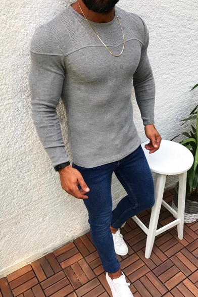 Mens Casual Street Plain Long Sleeve Crewneck Slim Fit Pullover Knit Sweater