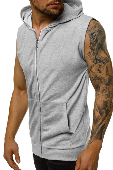 Mens Popular Solid Color Full Zip Sleeveless Hoodie with Pocket