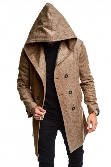 Mens Simple Plain Long Sleeve Double Breasted Woolen Coat Longline Hooded Peacoat