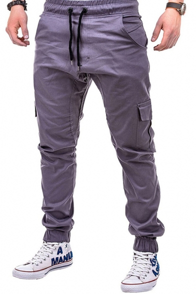 Mens Stylish Plain Drawstring Waist Flap Pocket Relaxed Fit Cargo Pants