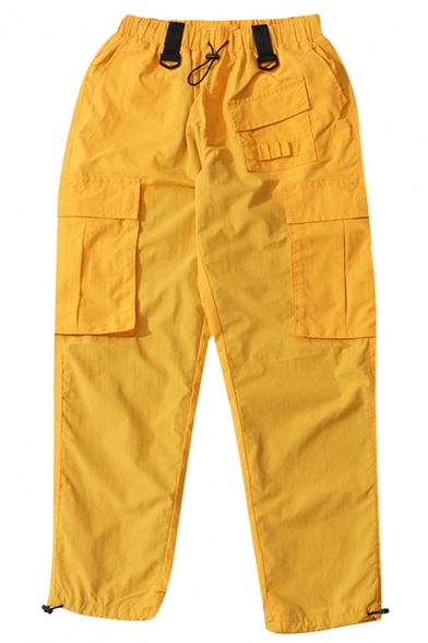 Mens Stylish Plain Drawstring Waist Multi-Pocket Straight Fit Cargo Pants
