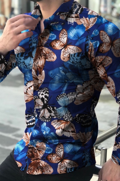 Mens Unique Butterfly and Floral Printed Long Sleeve Lapel Collar Fitted Hawaiian Shirt