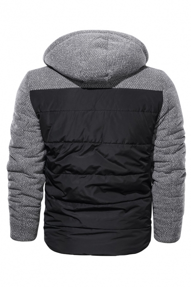 Mens Winter Leisure Color Block Panel Long Sleeve Zip Up Down Coat with Hood