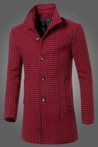 Metrosexual Men's Classic Houndstooth Print Long Sleeve Single Breasted Woolen Overcoat