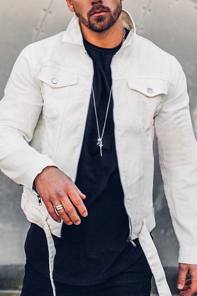 New Popular Solid Color Long Sleeve Chest Pocket Belted Hem Denim Jacket