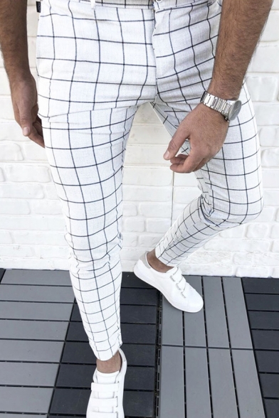 New Stylish Grid Pattern Zipper Fly Skinny Fit Pencil Pants for Men