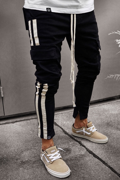 New Trendy White Striped Pattern Multi Pockets Slim Fit Black Jean with Drawstring