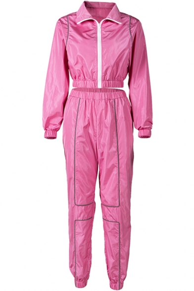 Pink Stylish Reflective Striped Panel Long Sleeve Zip Up Cropped Coat Elastic Waist Sweatpants Co-ords
