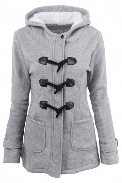 Plain Basic Long Sleeve Hooded Zip Front Pockets Side Sherpa Liner Slim Fit Duffle Coat for Women