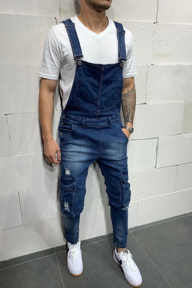 Simple Style Plain Multi Pockets Skinny Fit Overall Jeans for Men