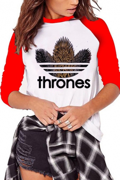 Simple THRONES Letter Printed Raglan Long Sleeve Slim Fit Casual Graphic T-Shirt