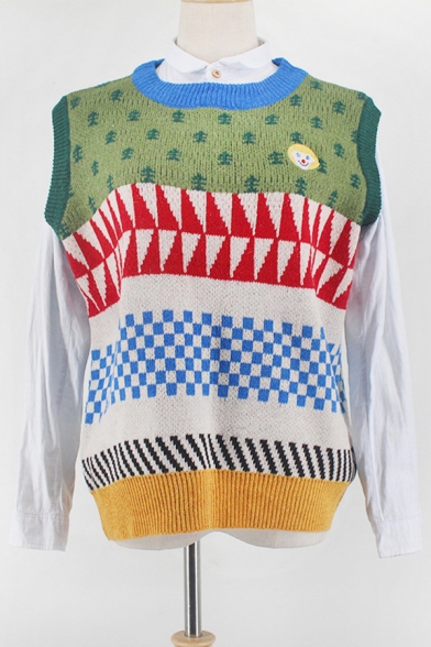 Students Creative Contrast Geometric Pattern Sleeveless Loose Pullover Sweater Vest