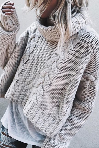 Stylish Girls' Long Sleeve Turtle Cowl Neck Chunky Twist Knitted Baggy Plain Crop Pullover Sweater
