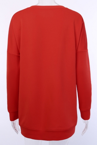 Stylish Ladies' Long Sleeve Round Neck Letter BABE Printed Loose Midi Plain Pullover Sweatshirt