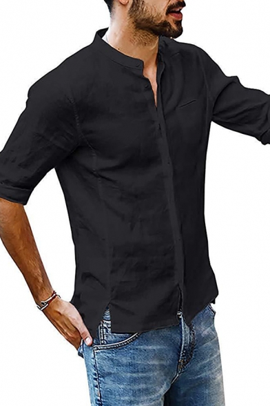 Summer Fashion Half Sleeves Button Down Side Split Plain Linen Shirt for Men