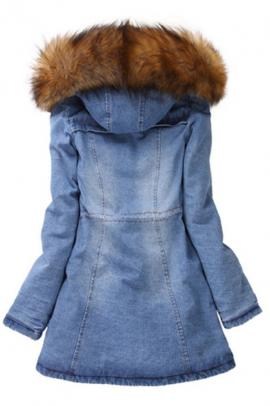 Trendy Ladies' Long Sleeve Hooded Drawstring Flap Pockets Fluffy Trim Slim Fit Thick Denim Coat in Blue