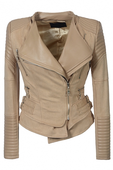 Unique Cool Girls Long Sleeve Lapel Collar Zipper  Buckle Embellished Leather Patched Asymmetric Plain Fitted Jacket