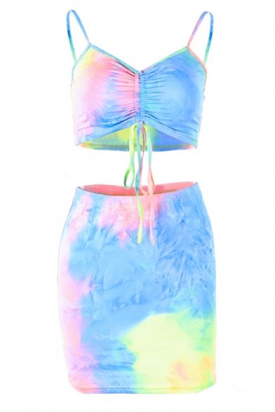 Unique Tie Dye Printed Ruched Drawstring Cami Top with Mini Skirt Two Piece Co-ords