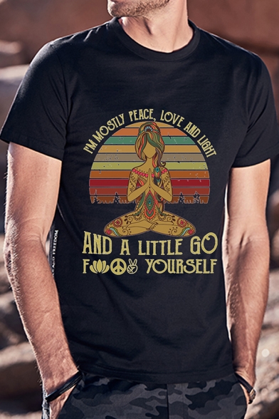 Vintage Style Rainbow Stripe Yoga Buddha AND A LITTLE GO Print Short Sleeves Graphic T-Shirt