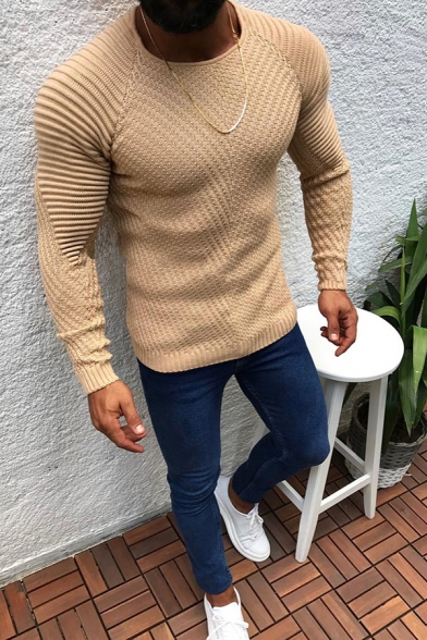 Nanquan Men Casual Crew Neck Solid Color Long Sleeve Knitted Slim Sweater 