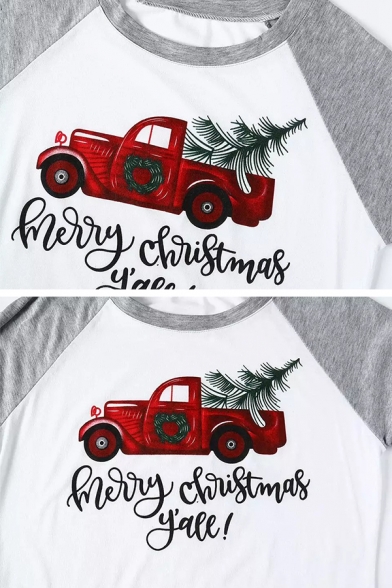 White Cozy Long Sleeve Round Neck MERRY CHRISTMAS Y'ALL Letter Truck Printed Loose Fit T-Shirt for Girls
