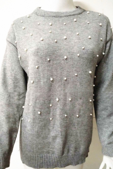 Women's Basic Chic Long Sleeve Crew Neck Pearl Embellished Relaxed Fit Pullover Sweater in Grey