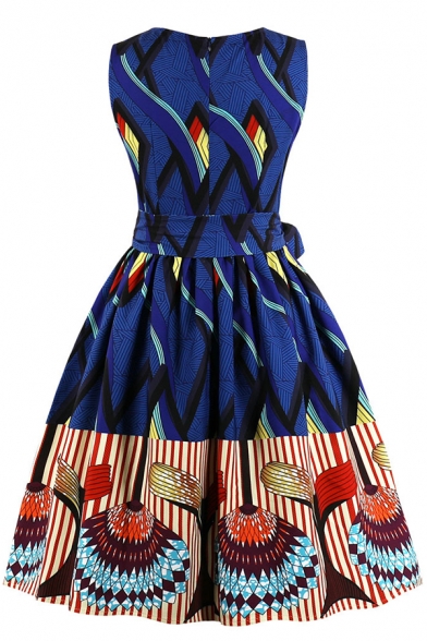 Women's Ethnic Fancy Sleeveless Round Neck Zipper Back Bow Tie Waist Floral Printed Mid Pleated Flared Dress in Blue
