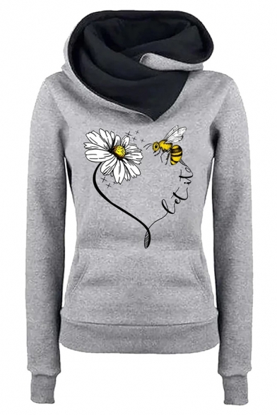 Womens Chic Flower and Bee Print Contrast Funnel Neck Kangaroo Pocket Pullover Hoodie