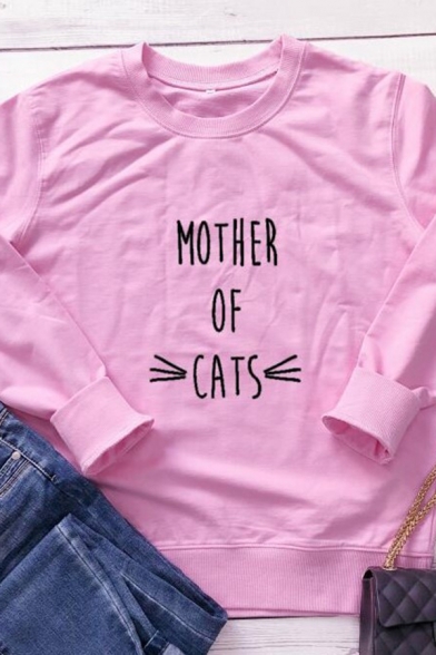Womens Chic Letter MOTHER OF CATS Printed Long Sleeve Pullover Sweatshirt