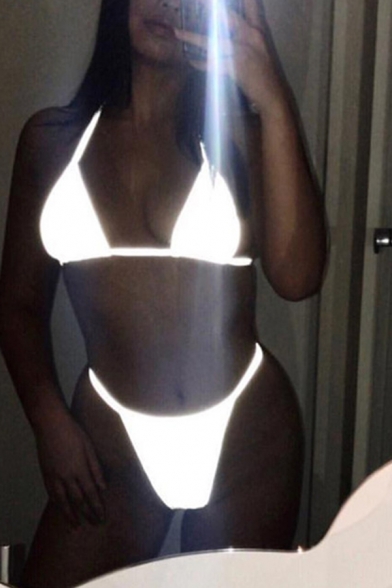 Womens Sexy Plain Silver Reflective Tied Halter Top with G-String Two Piece Bikini Set