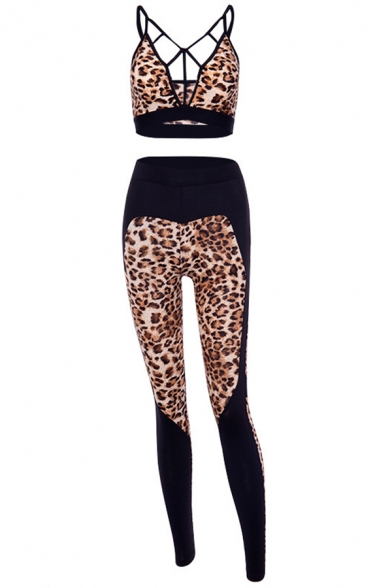 Womens Yoga Fashion Leopard Print Cutout Crop Cami Top Skinny Leggings Two-Piece Co-ords