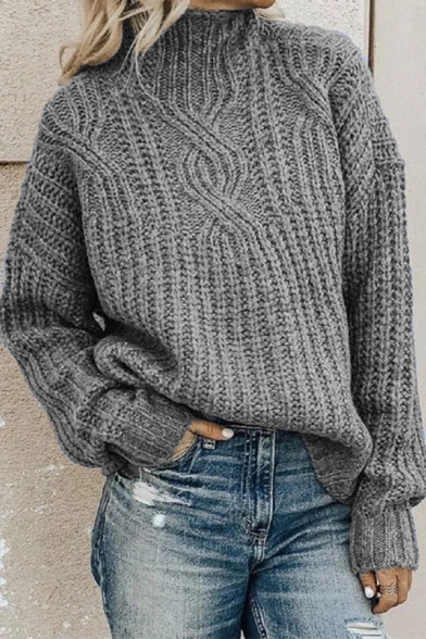 Basic Elegant Plain Long Sleeve High Neck Chunky Knit Baggy Pullover Sweater Top for Women
