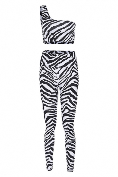 Black and White Zebra Printed One Shoulder Cropped Tank Top & Skinny Pants Co-ords