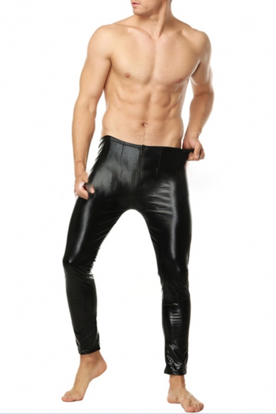 Black Patent Leather Zipper Front Skinny Fit Nightclub Pants for Men