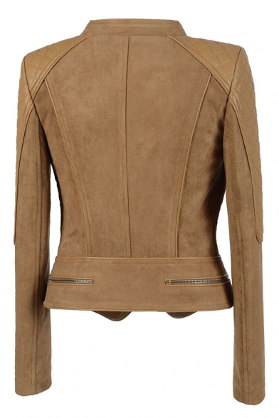 Camel Fashion Long Sleeve Exaggerate Collar Zipper Front Leather Patched Asymmetric Slim Fit Jacket for Female