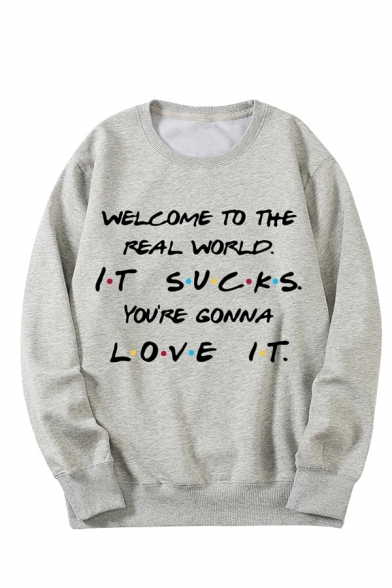 Classic Letter WELCOME TO THE REAL WORLD Printed Long Sleeve Boxy Pullover Sweatshirt