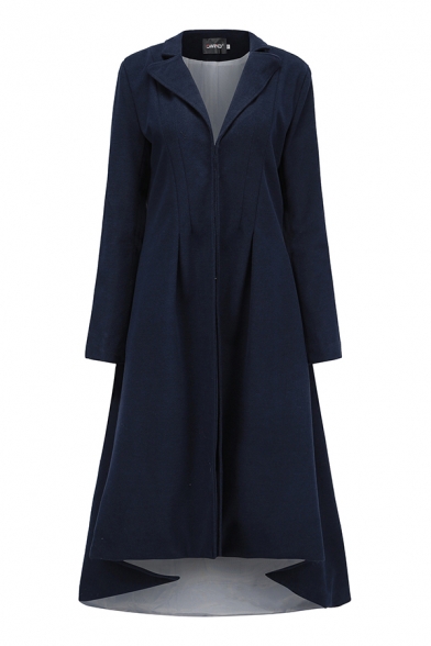 Cool Women's Long Sleeve Notch Collar Hook and Eye Pleated Baggy Plain Maxi Swing Coat