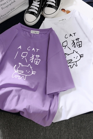Cute Street Short Sleeve Crew Neck A CAT Letter Kitty Printed Relaxed Fit T-Shirt for Girls