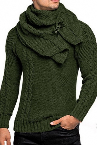 Designer Plain Buckle Detachable Scarf Long Sleeve Cable Knit Pullover Sweater