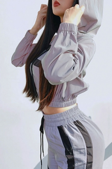 Edgy Girls Contrast Stripe Reflective Crop Hoodie & Drawstring Waist Pants Silver Co-ords