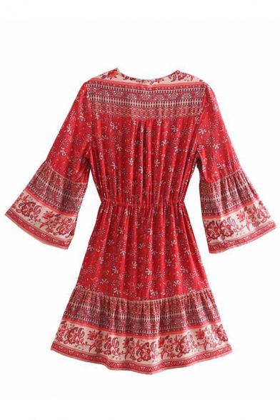 Ethnic Retro Women's Bell Sleeve V-Neck Button Front All Over Floral Print Drawstring Waist Pleated Midi A-Line Dress