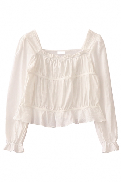 Fancy Cute Girls' Long Sleeve Square Neck Ruched Ruffled Trim Relaxed Fit Plain Crop Blouse Top