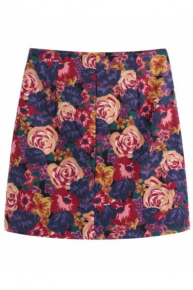 Fancy Ladies' High Waist All Over Floral Print Zipper Side Drawstring Short A-Line Skirt in Red