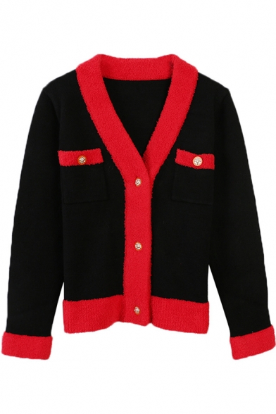 Fancy Trendy Long Sleeve Deep V-Neck Button Down Pockets Contrasted Sherpa Patched Knit Fitted Cardigan for Ladies